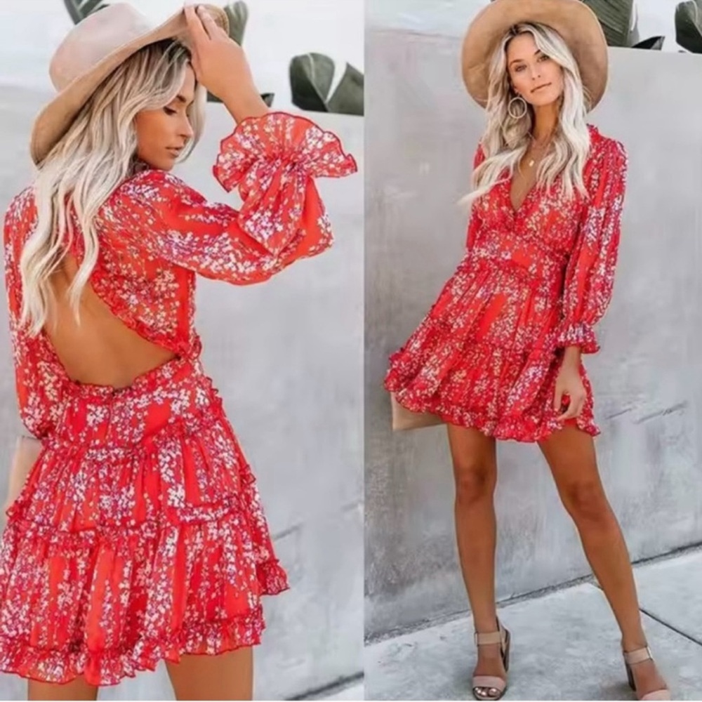 Vici red floral long sleeve dress with open back cutout, size small
